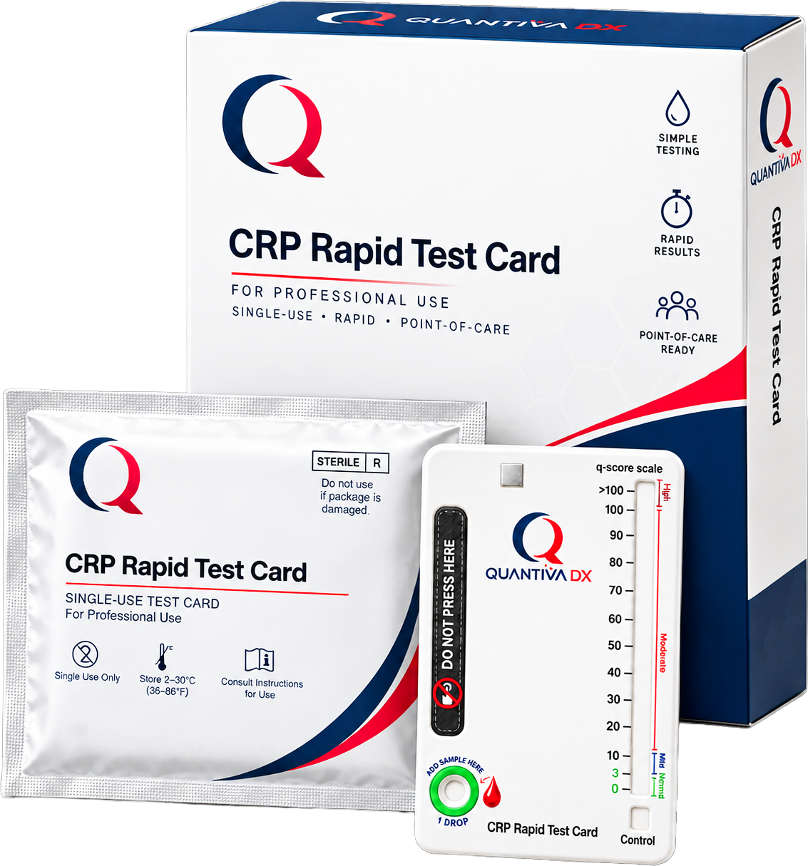 Quantiva DX CRP Rapid Test Card: box, single-use pouch and test card